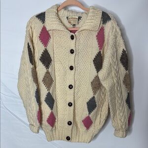 Burnside Pure Wool Cream and Pink Cable Knit Cardigan Sweater, made in Scotland